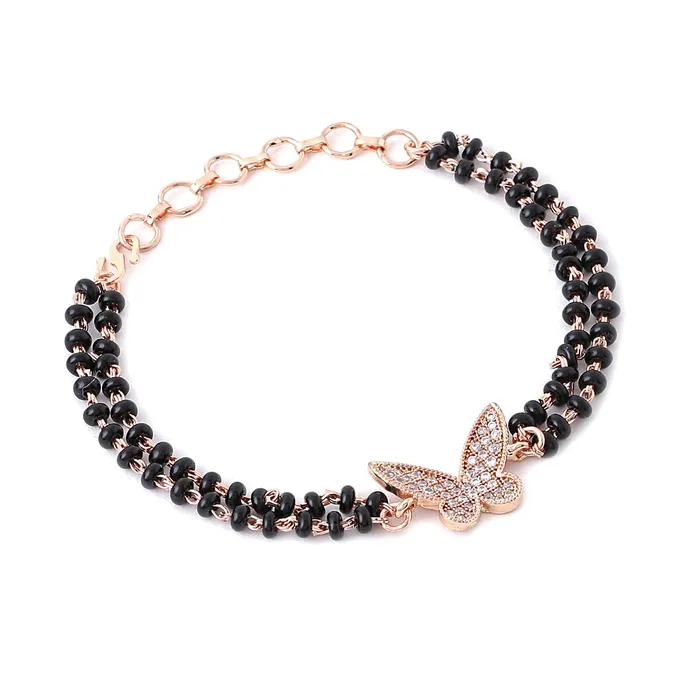 Kairangi Mangalsutra Bracelet for Women Black Beads Butterfly Charm Rose Gold Plated Hand Mangalsutra Bracelets for Women Marriage Anniversay Birthday Gift For Wife and Women Kairangi Rings