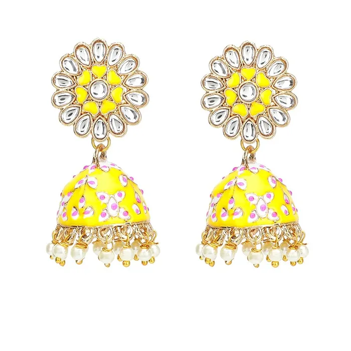 Kairangi Meenakari Jhumka Earrings for Women Gold Plated Yellow Meenakari Flower Pearl Jhumka Earrings for Women and Girls Kairangi Bracelets Kairangi Meenakari Jhumka Earrings for Women Gold Plated Yellow Meenakari Flower Pearl Jhumka Earrings for Women and Girls Kairangi Bracelets