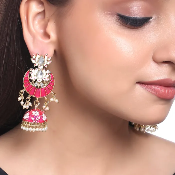 Kairangi Necklaces Kairangi Jhumka Earrings for Women Gold Plated Traditional Pink Meenakari Lotus Chandbali Jhumka Earrings for Women and Girls