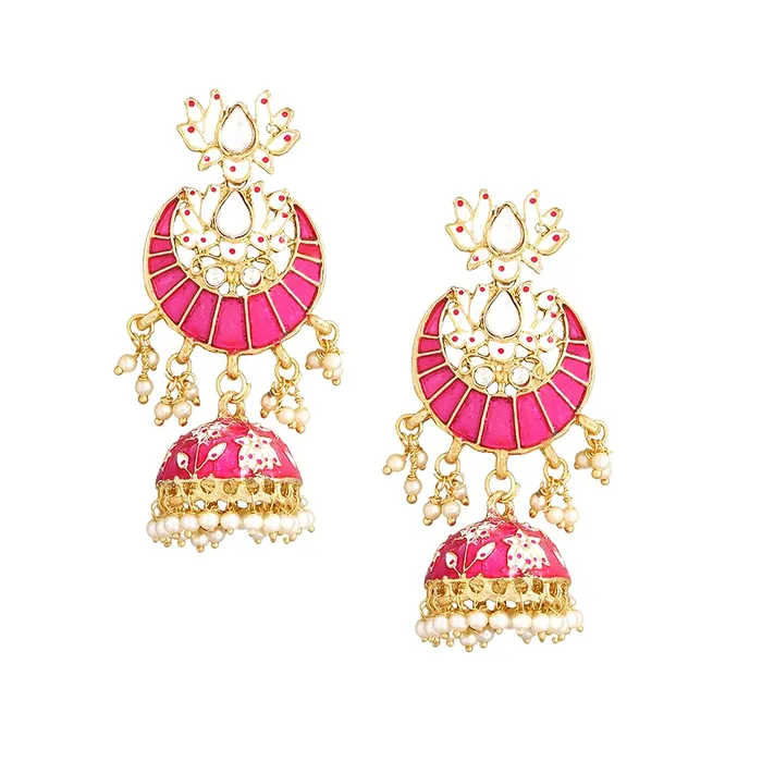 Kairangi Necklaces Kairangi Jhumka Earrings for Women Gold Plated Traditional Pink Meenakari Lotus Chandbali Jhumka Earrings for Women and Girls
