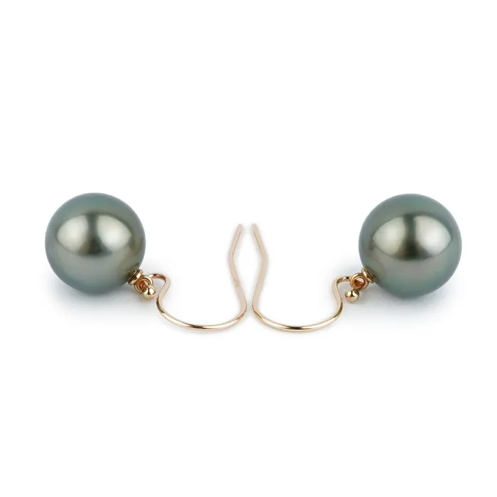 Kamoka Pearl Earrings Deep BlueGreen Tahitian Pearl Dangle Earrings on 14K Rose Gold