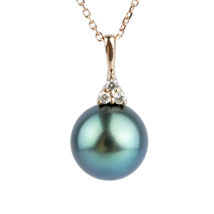 Kamoka Pearl Necklaces BlueGreen Tahitian Pearl Diamond Toru Necklace on 14K Rose Gold Kamoka Pearl Necklaces BlueGreen Tahitian Pearl Diamond Toru Necklace on 14K Rose Gold