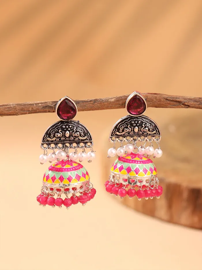 Meenakari Jhumka Earrings Silver Oxidized Multicolor Lightweight Stylish 5cm Multi Yellow Chimes Earrings
