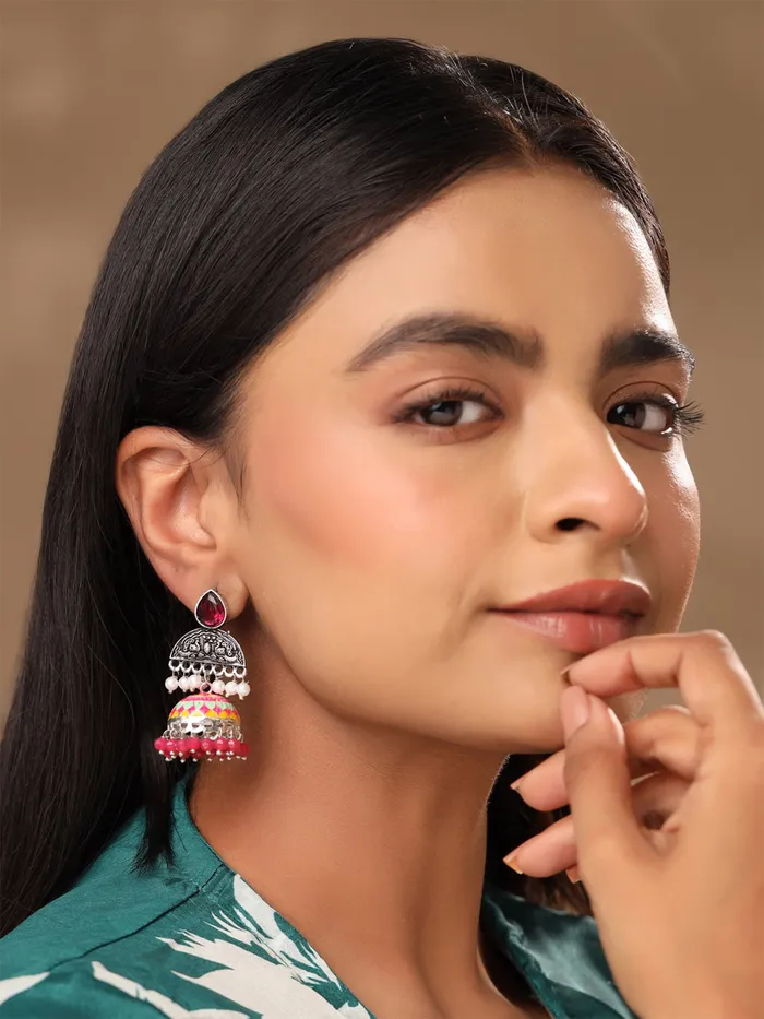 Meenakari Jhumka Earrings Silver Oxidized Multicolor Lightweight Stylish 5cm Multi Yellow Chimes Earrings