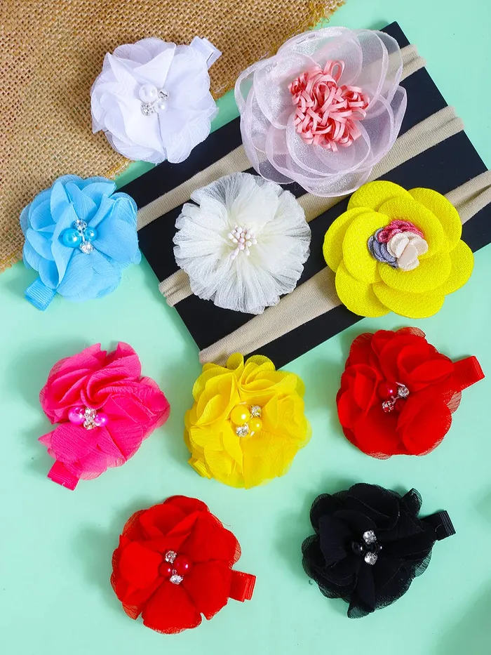 Melbees by Yellow Chimes Combo of 3 Stretcheable Hair Bands and 6 Floral Big Hair Clips Hair Accessories for Baby Infant Pack of 9 MultiColor Medium Yellow Chimes Necklaces