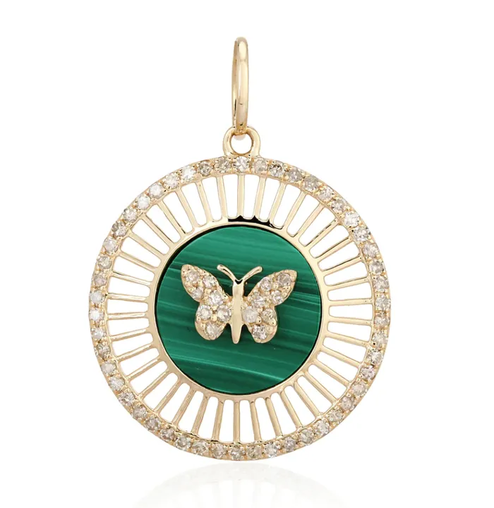 Millo Jewelry Earrings DIAMOND BUTTERFLY ON MALACHITE ROUND CHARM