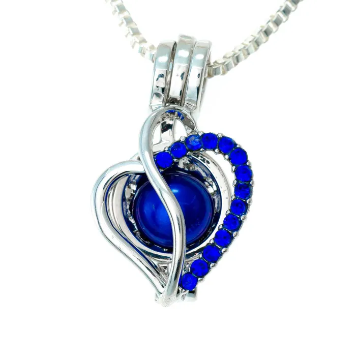 Necklaces CPSP253 Cage Pendant Silver Plated S Heart Blue Rhinestones