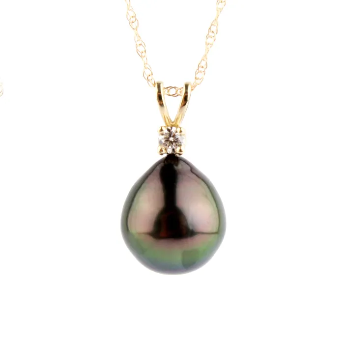 Necklaces Kamoka Pearl Tahitian Pearl Diamond Peacock Green toile Necklace