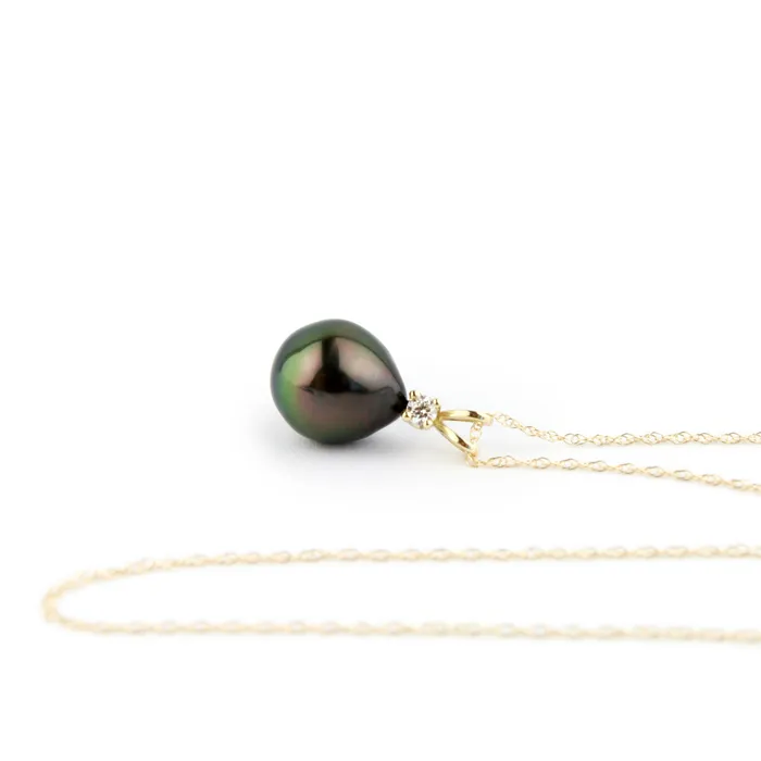 Necklaces Kamoka Pearl Tahitian Pearl Diamond Peacock Green toile Necklace