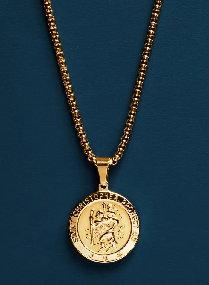 Necklaces WE ARE ALL SMITH Mens Jewelry Clothing 14k gold plated saint Christopher medal on round box chain