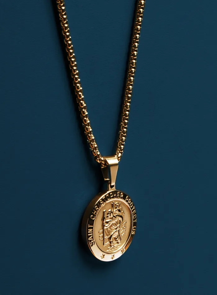 Necklaces WE ARE ALL SMITH Mens Jewelry Clothing 14k gold plated saint Christopher medal on round box chain