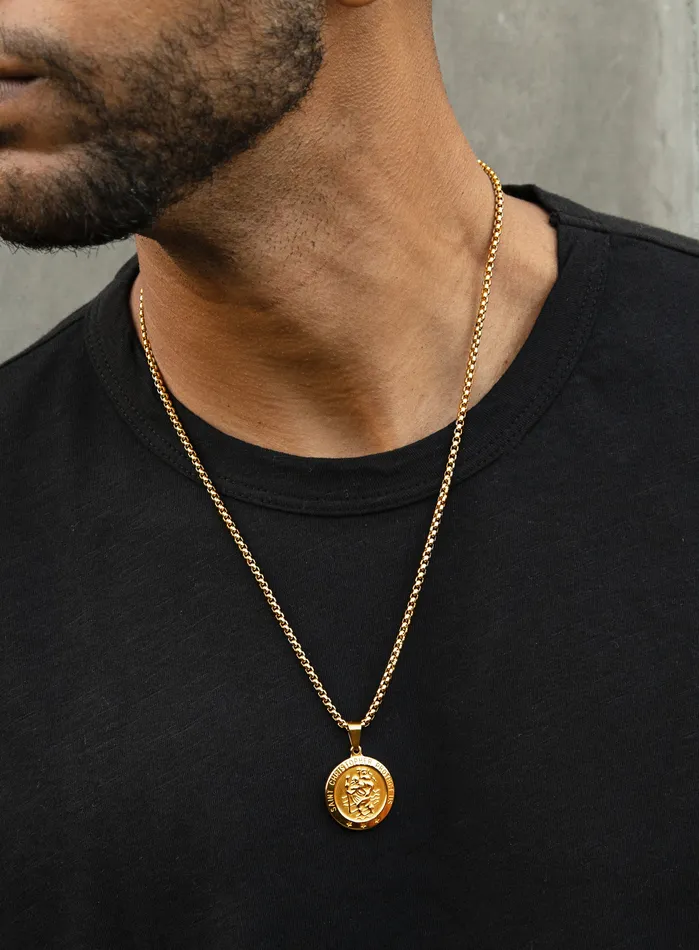Necklaces WE ARE ALL SMITH Mens Jewelry Clothing 14k gold plated saint Christopher medal on round box chain