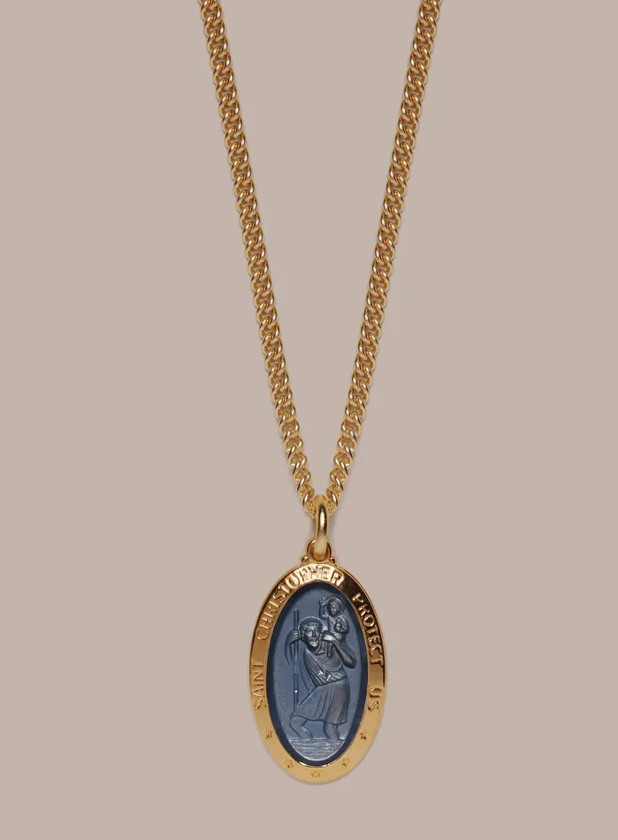 Necklaces WE ARE ALL SMITH Mens Jewelry Clothing Saint Christopher Pendant with Blue Enamel on 14k Gold Filled Chain