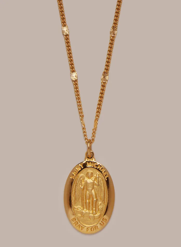 Necklaces WE ARE ALL SMITH Mens Jewelry Clothing Saint Michael Oval Medal on 14k Gold Filled Starburst Curb Chain Necklaces WE ARE ALL SMITH Mens Jewelry Clothing Saint Michael Oval Medal on 14k Gold Filled Starburst Curb Chain