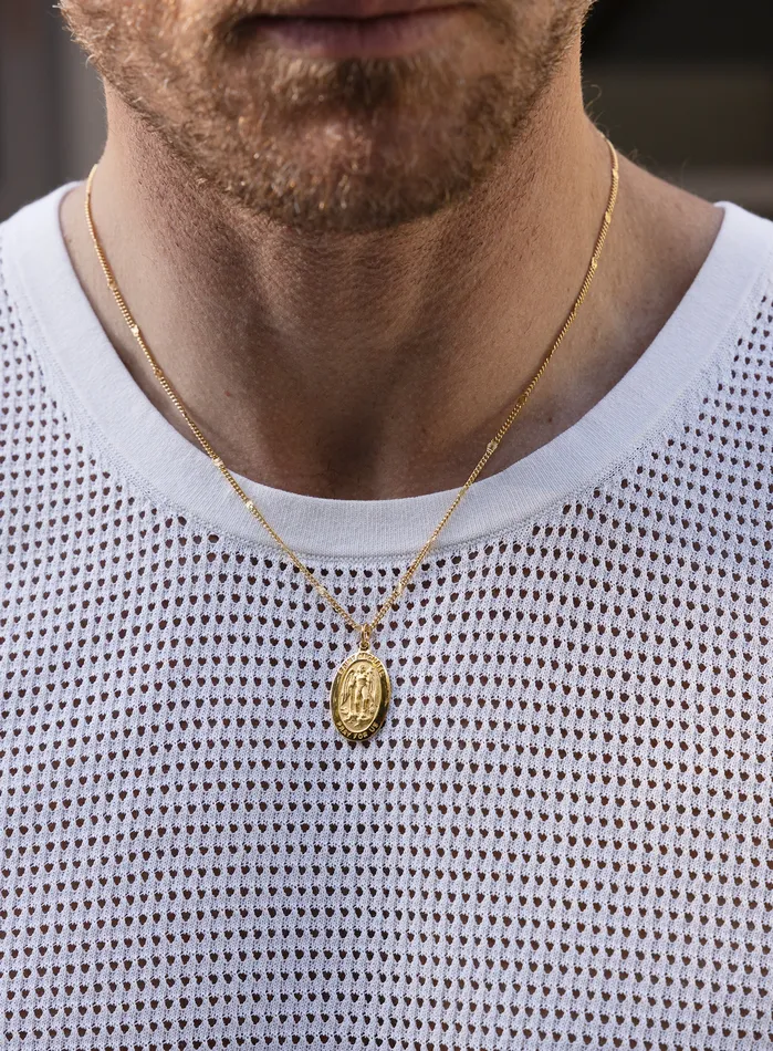 Necklaces WE ARE ALL SMITH Mens Jewelry Clothing Saint Michael Oval Medal on 14k Gold Filled Starburst Curb Chain