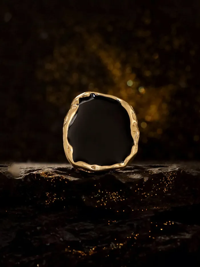 Necklaces Yellow Chimes Adjustable Golden Ring Big Black Chunky Statement Ring Size 7 Gold Plated For Women