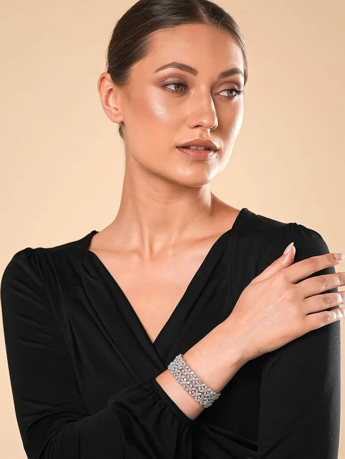 Necklaces Yellow Chimes Bangles for Women Silver Toned White ADAmerican Diamond Studded Floral Designed 2 Pcs Set Bangles for Women and Girls Yellow Chimes