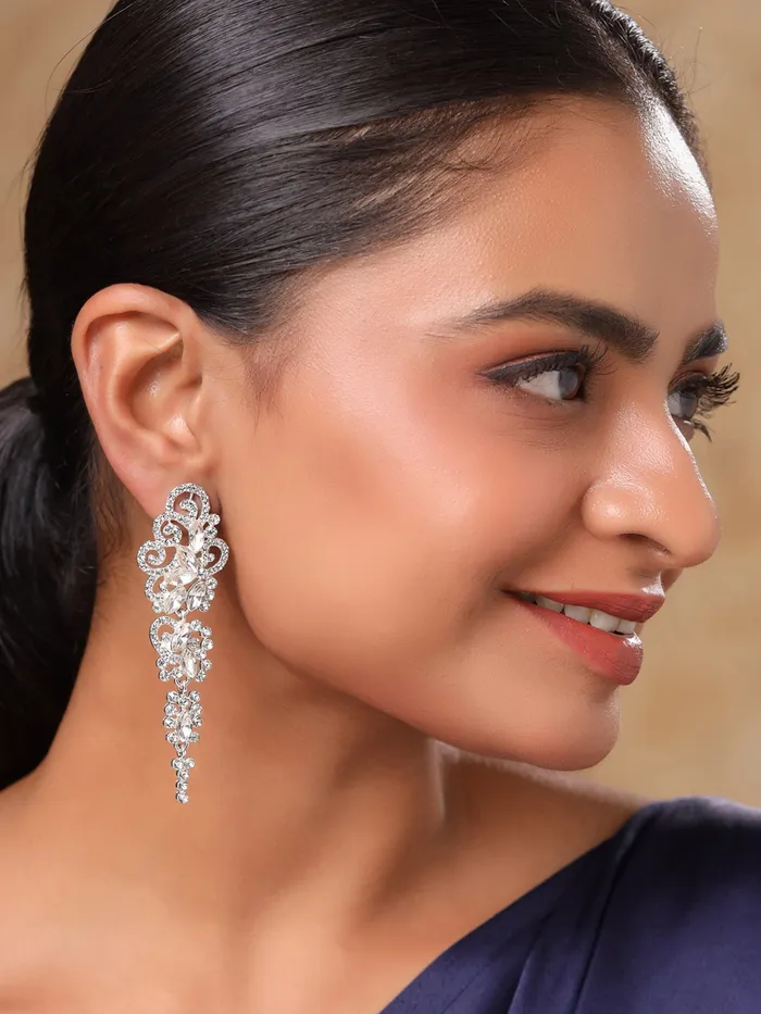 Necklaces Yellow Chimes Crystal Danglers Earrings for Women Silver Earrings for Girls Fashion Women Earrings White Stone Long Dangler Earrings Birthday Gift For Girls Anniversary Gift for Wife Yellow Chimes