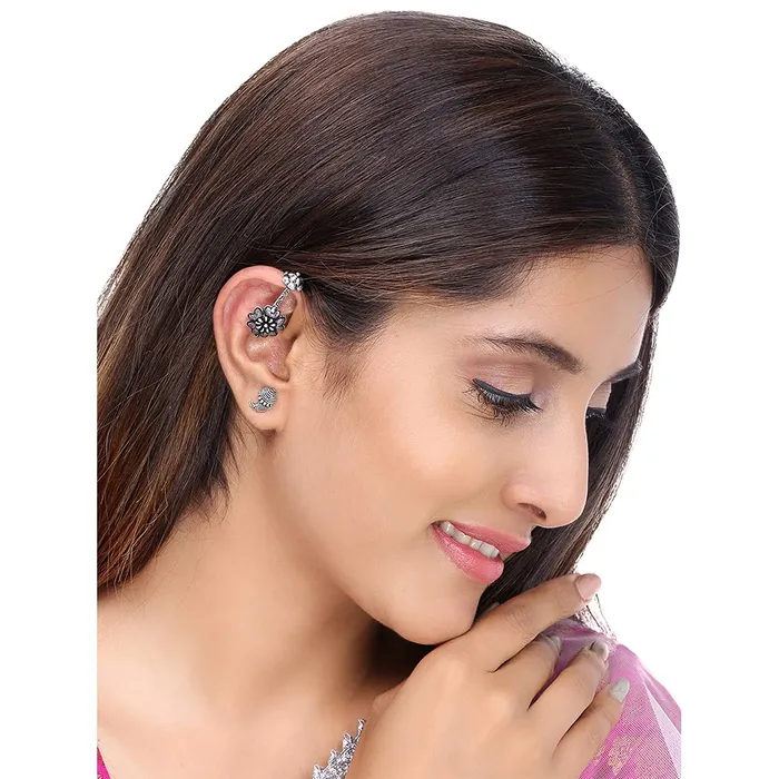 Necklaces Yellow Chimes Earrings for Women Girls Traditional Ear Cuffs Silver Oxidised Studs German Silver Earring Set Floral Shape stud and Drop Earrings Combo Birthday Anniversary Gift Yellow Chimes