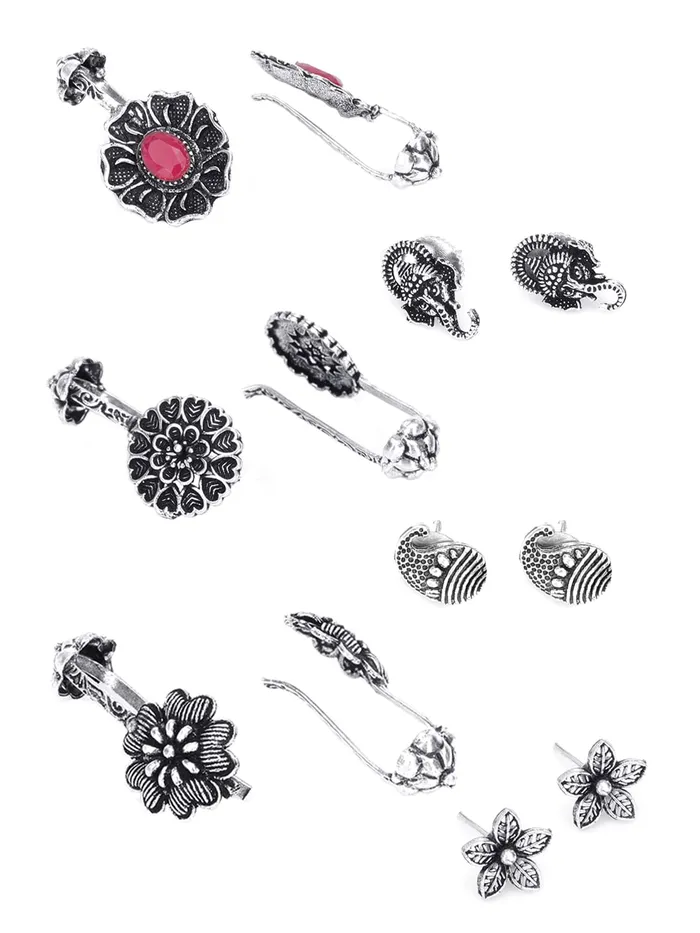Necklaces Yellow Chimes Earrings for Women Girls Traditional Ear Cuffs Silver Oxidised Studs German Silver Earring Set Floral Shape stud and Drop Earrings Combo Birthday Anniversary Gift Yellow Chimes