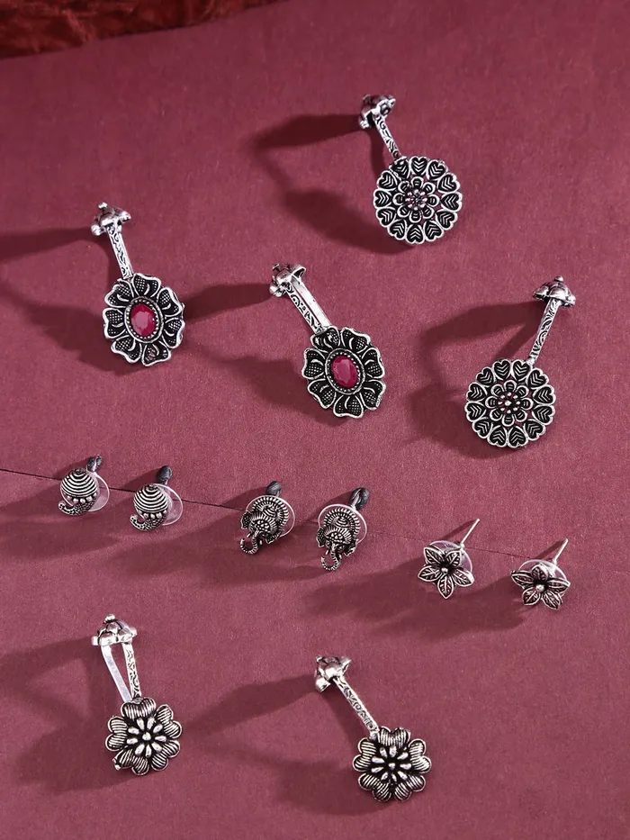 Necklaces Yellow Chimes Earrings for Women Girls Traditional Ear Cuffs Silver Oxidised Studs German Silver Earring Set Floral Shape stud and Drop Earrings Combo Birthday Anniversary Gift Yellow Chimes