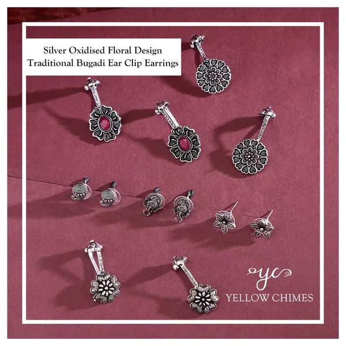 Necklaces Yellow Chimes Earrings for Women Girls Traditional Ear Cuffs Silver Oxidised Studs German Silver Earring Set Floral Shape stud and Drop Earrings Combo Birthday Anniversary Gift Yellow Chimes