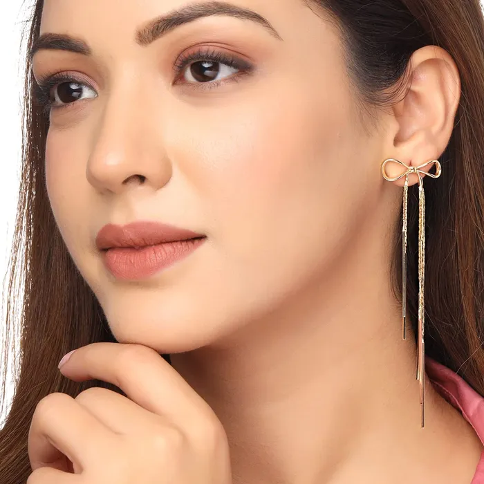 Necklaces Yellow Chimes Earrings For Women Gold Toned Bow Knot Shaped Stud With Linear Chains Hanging Dangler Earrings For Women and Girls Yellow Chimes