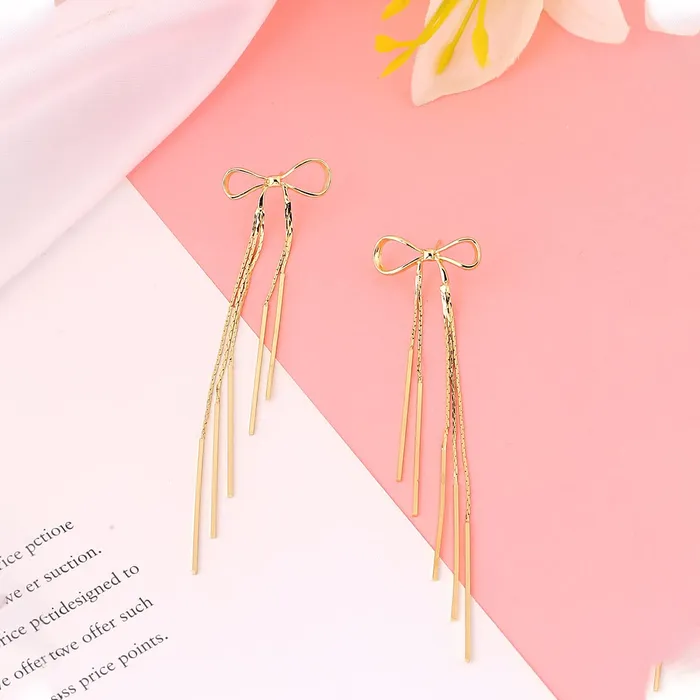 Necklaces Yellow Chimes Earrings For Women Gold Toned Bow Knot Shaped Stud With Linear Chains Hanging Dangler Earrings For Women and Girls Yellow Chimes