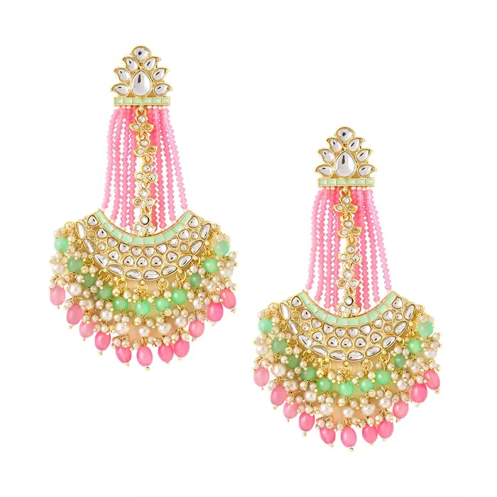 Necklaces Yellow Chimes Earrings for Women Gold Toned Kundan Studded Green and Pink Beads Drop Chandbali Earrings for Women and Girls Yellow Chimes