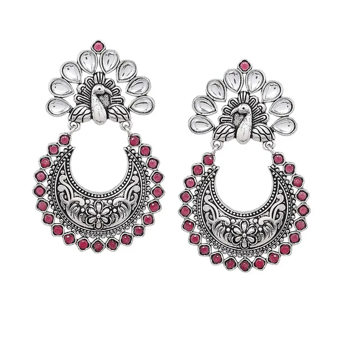 Necklaces Yellow Chimes Ethnic Silver Oxidised Peacock Design Pink Studded Stones Chandbali Earrings for Women and Girls silver pink medium Yellow Chimes Necklaces Yellow Chimes Ethnic Silver Oxidised Peacock Design Pink Studded Stones Chandbali Earrings for Women and Girls silver pink medium Yellow Chimes