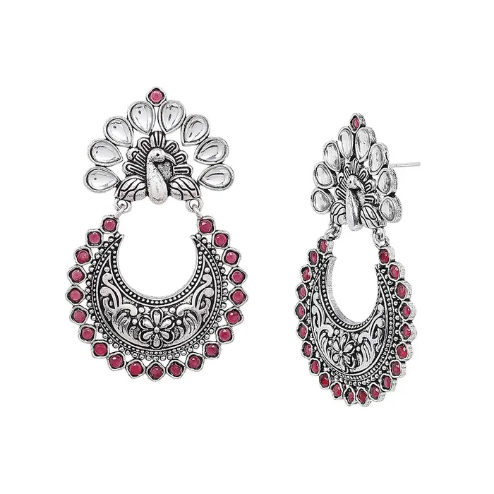 Necklaces Yellow Chimes Ethnic Silver Oxidised Peacock Design Pink Studded Stones Chandbali Earrings for Women and Girls silver pink medium Yellow Chimes