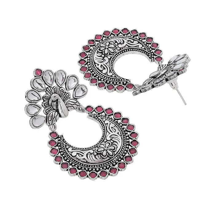 Necklaces Yellow Chimes Ethnic Silver Oxidised Peacock Design Pink Studded Stones Chandbali Earrings for Women and Girls silver pink medium Yellow Chimes