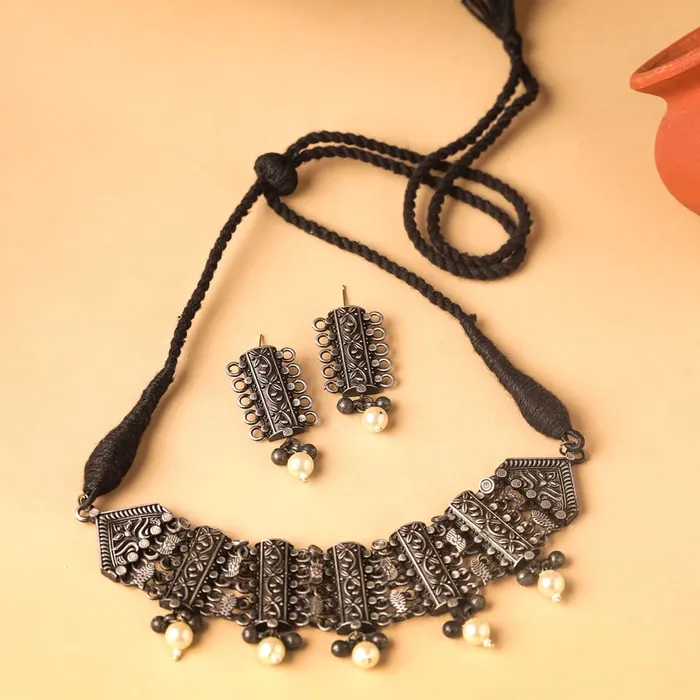 Necklaces Yellow Chimes Jewellery Set for Women and Girls Silver Oxidised Jewellery Set Pearl Drop Designed Choker Necklace Set for Women Birthday Gift For Girls and Women Anniversary Gift for Wife Yellow Chimes