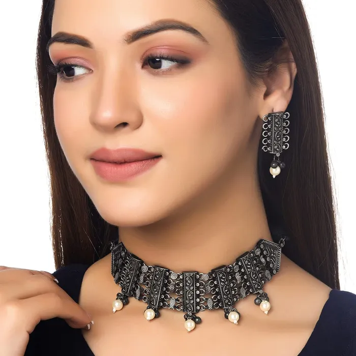 Necklaces Yellow Chimes Jewellery Set for Women and Girls Silver Oxidised Jewellery Set Pearl Drop Designed Choker Necklace Set for Women Birthday Gift For Girls and Women Anniversary Gift for Wife Yellow Chimes