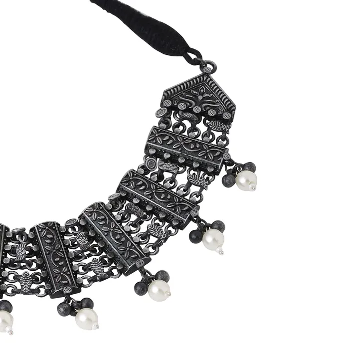 Necklaces Yellow Chimes Jewellery Set for Women and Girls Silver Oxidised Jewellery Set Pearl Drop Designed Choker Necklace Set for Women Birthday Gift For Girls and Women Anniversary Gift for Wife Yellow Chimes