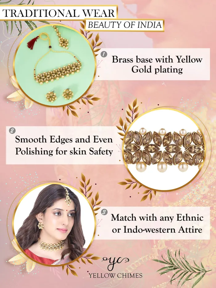 Necklaces Yellow Chimes Jewellery Set for Women and Girls Traditional Golden Kundan Necklaces Set Gold Plated Kundan Set Birthday Gift for girls and women Anniversary Gift for Wife DE 8 Yellow Chimes