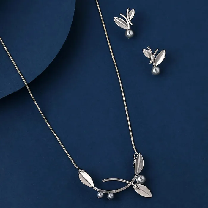 Necklaces Yellow Chimes Necklace Set For Women Silver Plated Leaf Designed Neck Chain With Leaf Designed Earring For Women and Girls Yellow Chimes