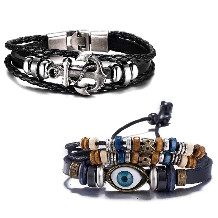 Necklaces Yellow Chimes Yellow Chimes 2 PCs Combo of Anchor Bulles Eye Leather Wrap Casual Wear Bracelet for Men and Boys Necklaces Yellow Chimes Yellow Chimes 2 PCs Combo of Anchor Bulles Eye Leather Wrap Casual Wear Bracelet for Men and Boys