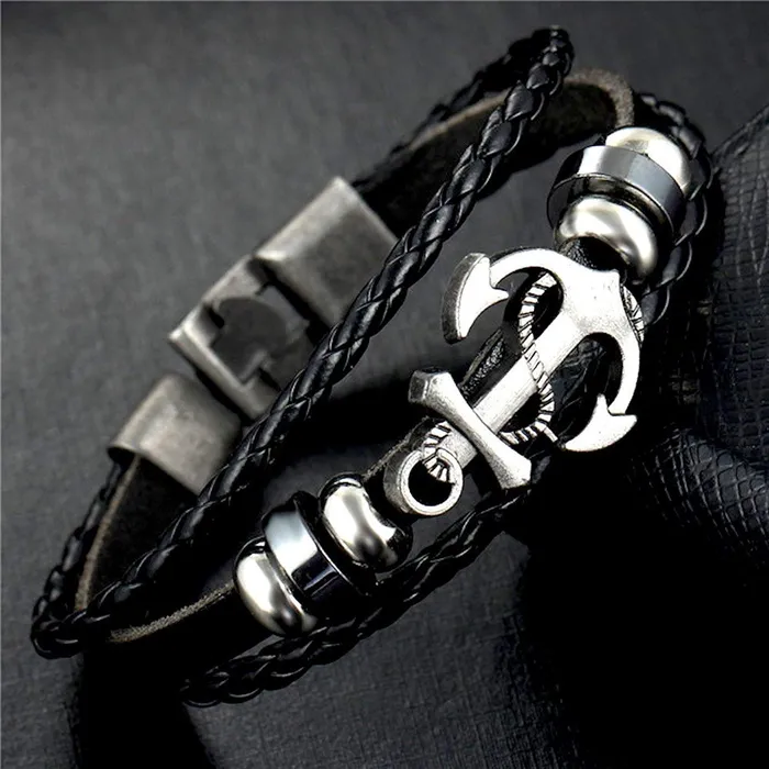 Necklaces Yellow Chimes Yellow Chimes 2 PCs Combo of Anchor Bulles Eye Leather Wrap Casual Wear Bracelet for Men and Boys