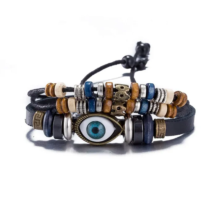 Necklaces Yellow Chimes Yellow Chimes 2 PCs Combo of Anchor Bulles Eye Leather Wrap Casual Wear Bracelet for Men and Boys