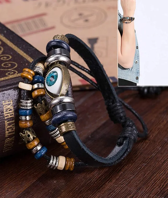 Necklaces Yellow Chimes Yellow Chimes 2 PCs Combo of Anchor Bulles Eye Leather Wrap Casual Wear Bracelet for Men and Boys