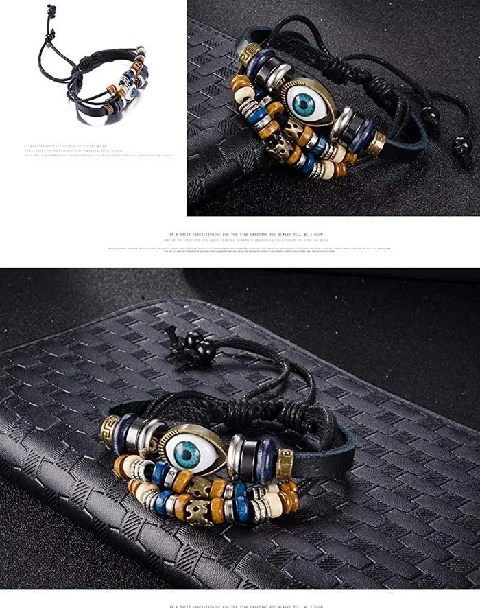 Necklaces Yellow Chimes Yellow Chimes 2 PCs Combo of Anchor Bulles Eye Leather Wrap Casual Wear Bracelet for Men and Boys