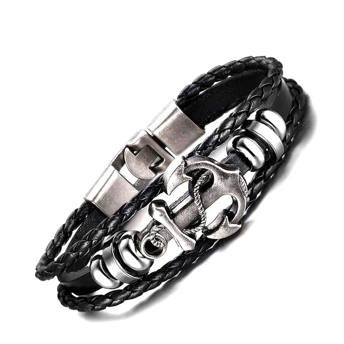 Necklaces Yellow Chimes Yellow Chimes 2 PCs Combo of Anchor Bulles Eye Leather Wrap Casual Wear Bracelet for Men and Boys