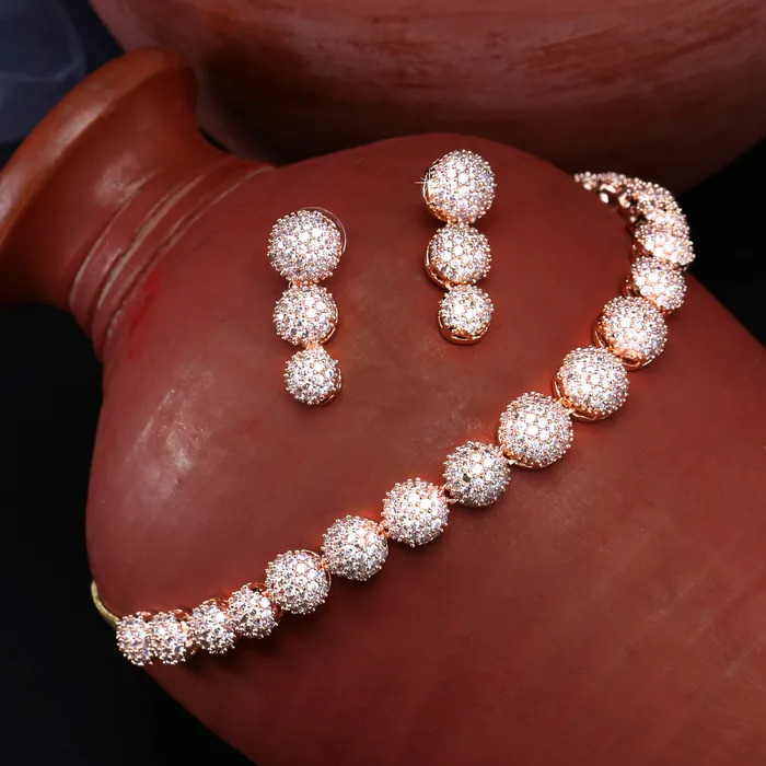 Necklaces Yellow Chimes Yellow Chimes American Diamond Necklace Set For Women White Stone Rose Gold Jewellery Set For Women Diamond Necklace Set Birthday Gift for Girls Anniversary Gift for Wife