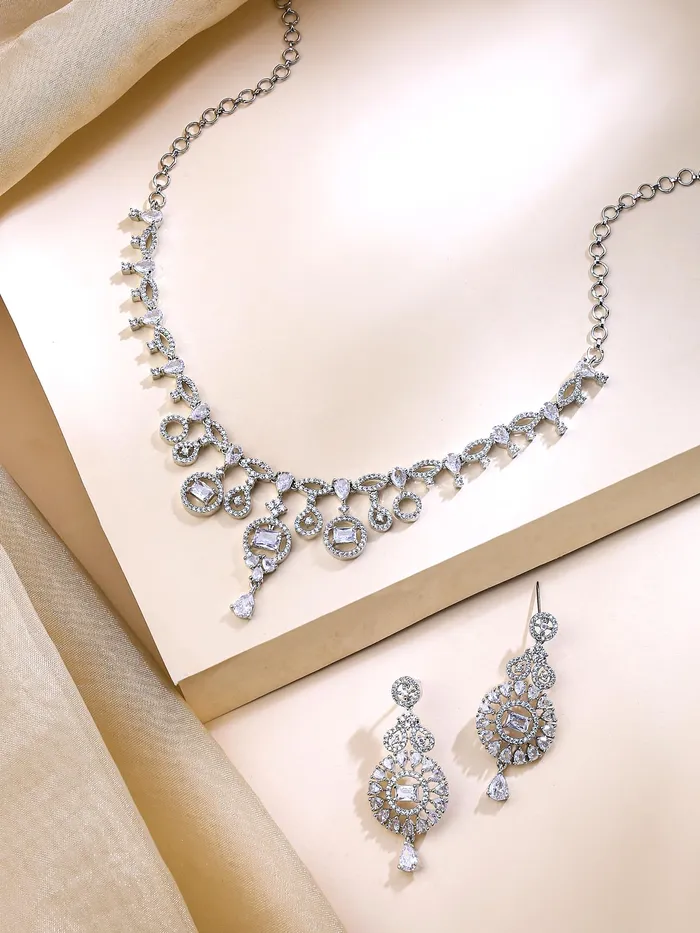 Necklaces Yellow Chimes Yellow Chimes American Diamond Necklace Set For Women White Stone Rose Gold Jewellery Set For Women Diamond Necklace Set Birthday Gift for Girls Anniversary Gift for Wife