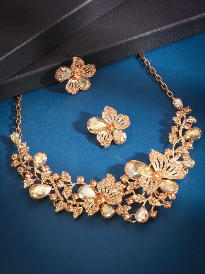 Necklaces Yellow Chimes Yellow Chimes Jewellery Set For Women Rose Gold Plated Floral Designed Crystal Necklace Set For Women and Girls
