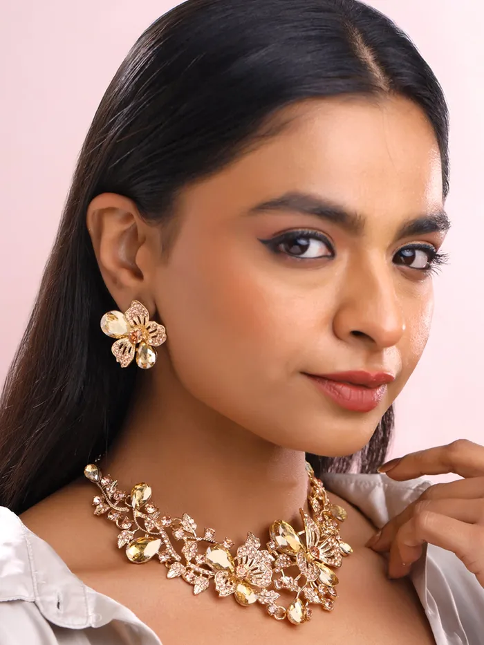 Necklaces Yellow Chimes Yellow Chimes Jewellery Set For Women Rose Gold Plated Floral Designed Crystal Necklace Set For Women and Girls