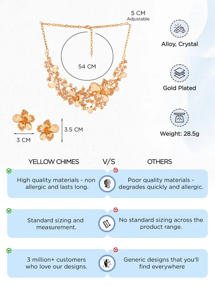 Necklaces Yellow Chimes Yellow Chimes Jewellery Set For Women Rose Gold Plated Floral Designed Crystal Necklace Set For Women and Girls