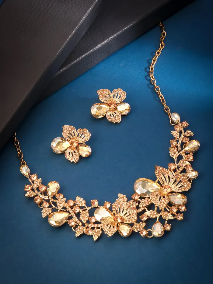 Necklaces Yellow Chimes Yellow Chimes Jewellery Set For Women Rose Gold Plated Floral Designed Crystal Necklace Set For Women and Girls