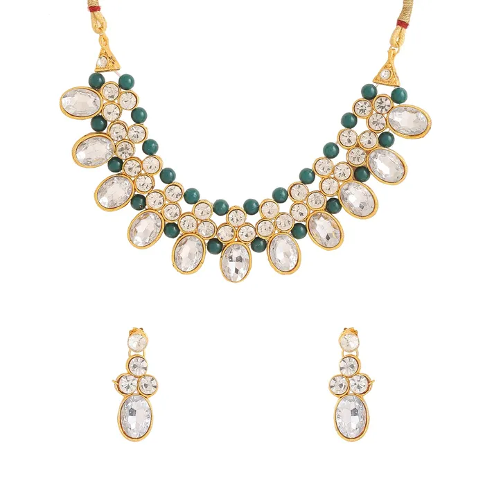 Necklaces Yellow Chimes Yellow Chimes Jewellery Set for Women Traditional Green Kundan Beads Choker Necklace Set Ethnic Gold Plated Choker Set for Girls Birthday Gift for Girls Women Anniversary Gift for Wife